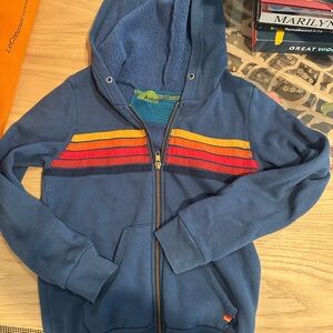 Aviator Nation Blue Hoodie with Red and Yellow Stripes